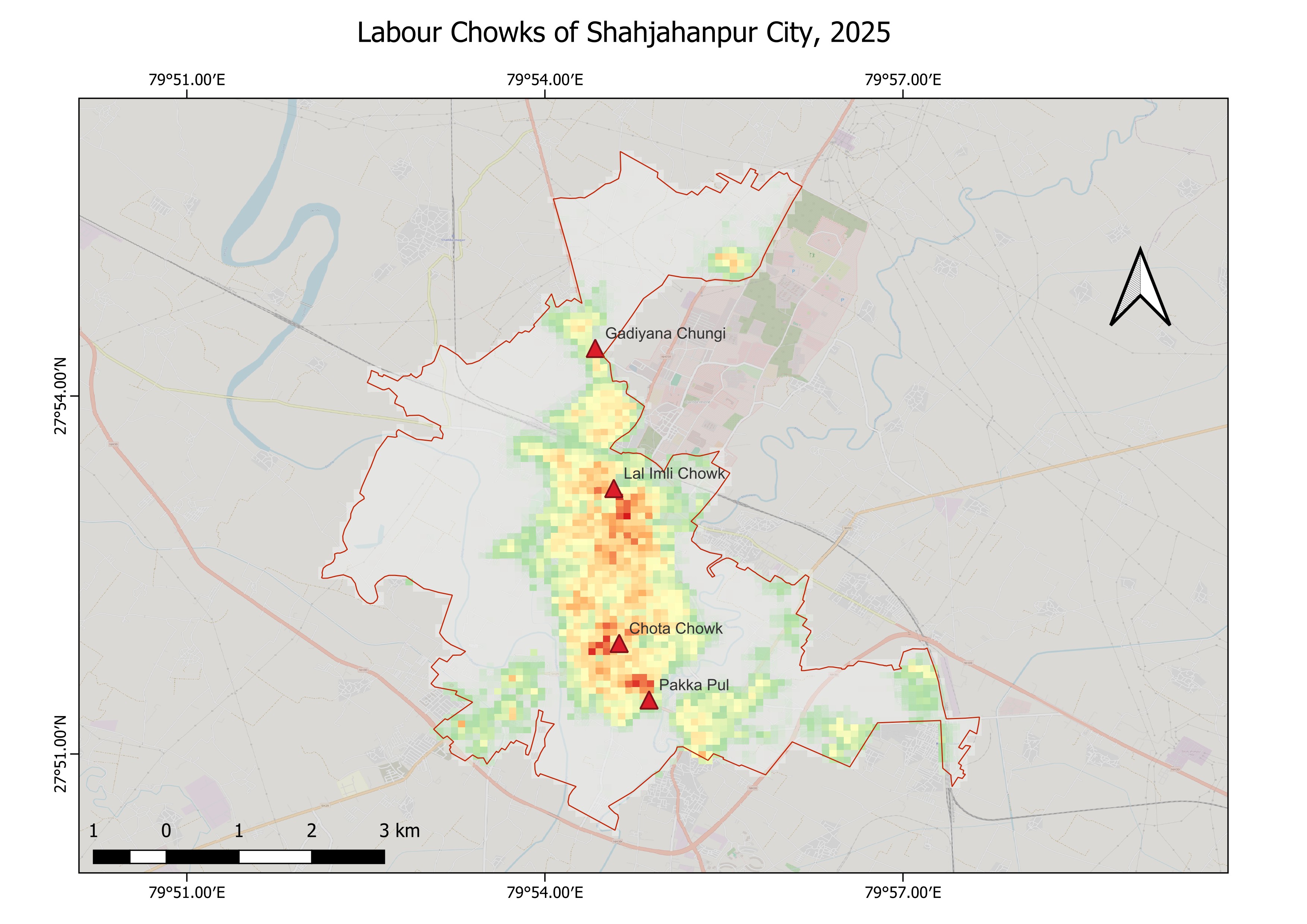 Labour Chowks overlaid on Heat Risk Index